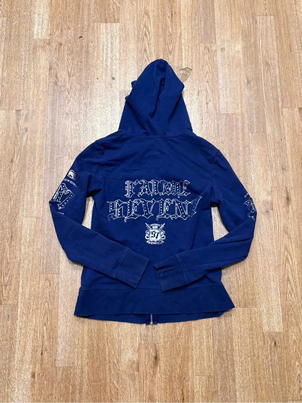 Seven7 Navy Blue Zip-Up Hoodie with Crest
